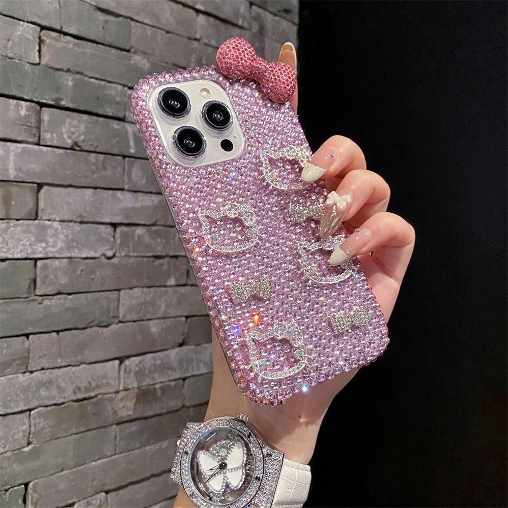 Full Diamond Glitter Hello Kitty Face Pink Bow Phone Case