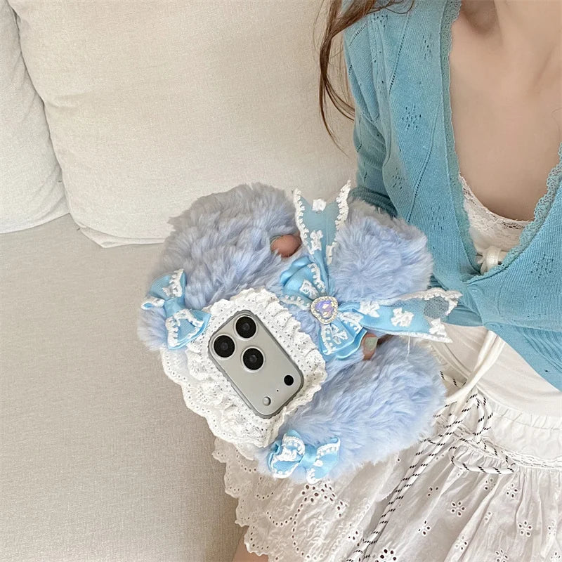 Korean Cute Bow Plush Phone Case For iPhone