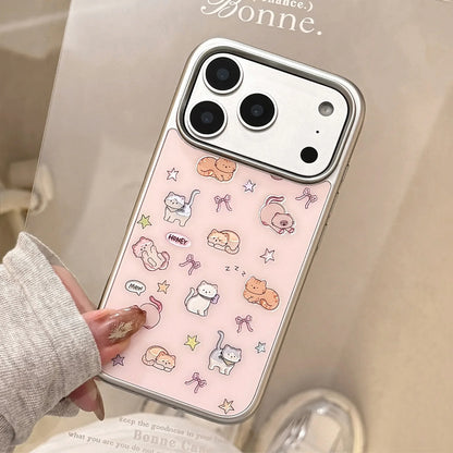 Korean Cartoon Kitten Silver Border Plating Phone Case For iPhone