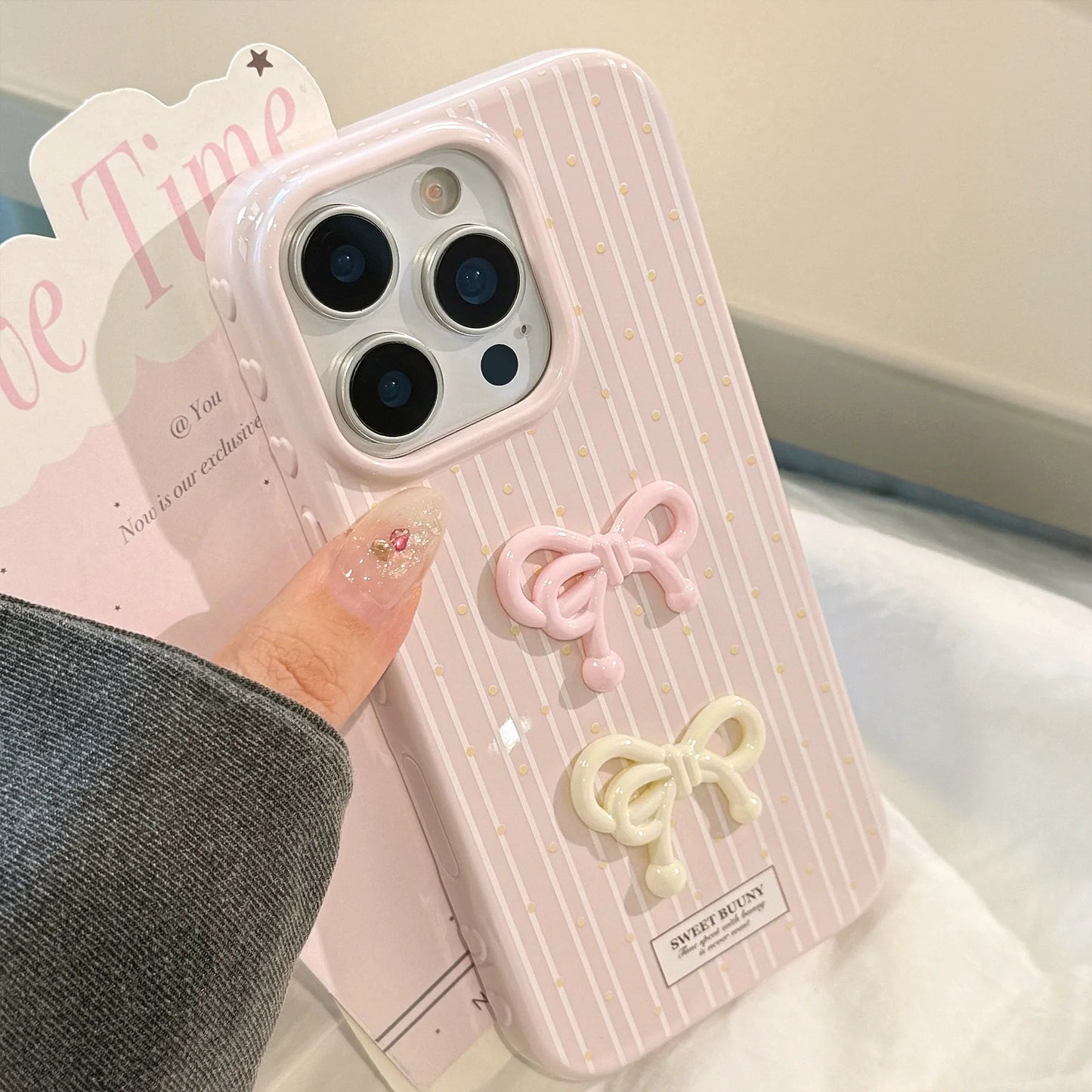 Korean Cute 3D Bowknot Pink Striped Wave Point Soft Phone Case For iPhone