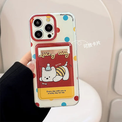 Cute Cartoon Puppy Bracket Card Holder Phone Case With Lanyard For iPhone