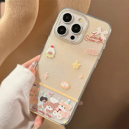 Korean Cute Dessert Bear With Stand Holder Glitter Phone Case For iPhone