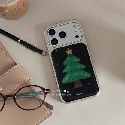 Korean Ins Christmas Tree Simple Silver Frame Phone Case For iPhone