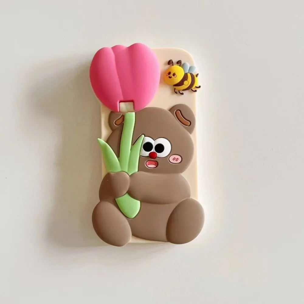 Kawaii 3D Cartoon Bear Holding Tulip Phone Case
