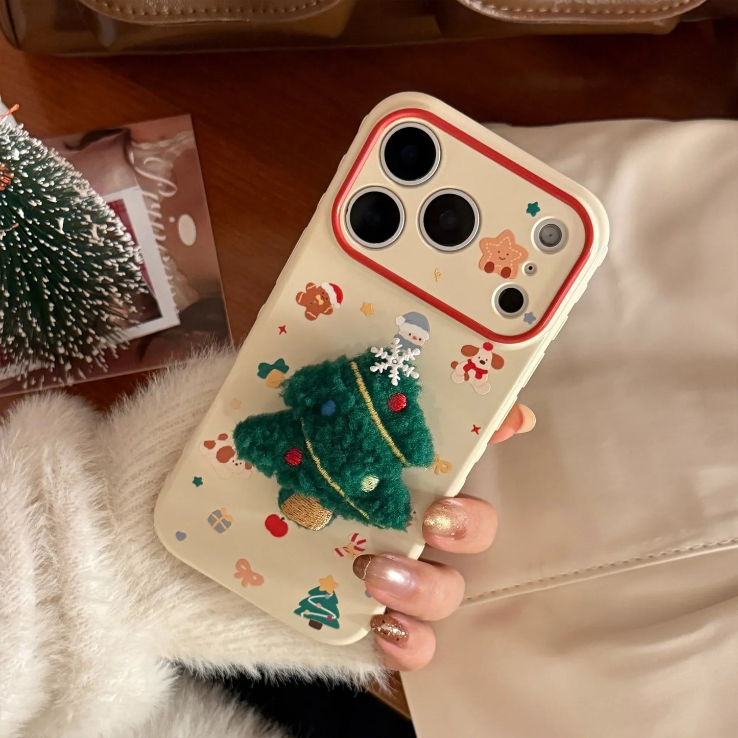 Korean 3D Cartoon Christmas Tree Plush With Chain Phone Case For iPhone