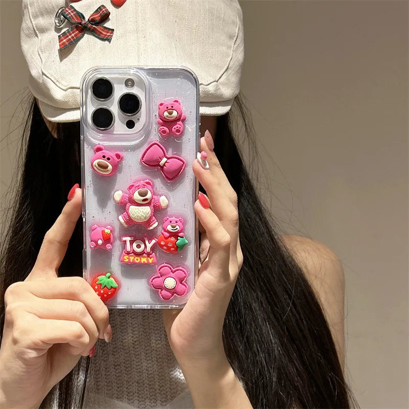 3D Cartoon Strawberry Bear Drop Glue Glitter Phone Case For iPhone