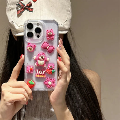 3D Cartoon Strawberry Bear Drop Glue Glitter Phone Case For iPhone