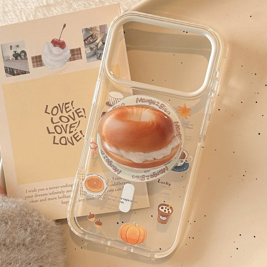 Korean Cartoon Cream Bagel Magnetic Bracket Phone Case For iPhone