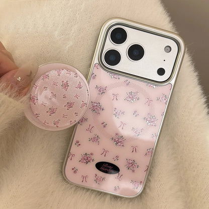 Korean Full Screen Flowers Silver Edge Plating Magnetic Bracket Phone Case For iPhone