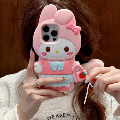 3D Cartoon Kuromi Hello Kitty Melody Handbag Silicone Phone Case For iPhone
