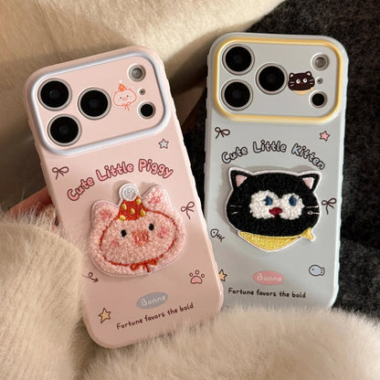 Korean Cartoon Embroidery Cat Pig Animals Plush Couple Phone Case For iPhone