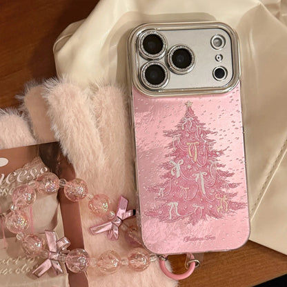 Pink Christmas Tree Glitter With Chain Phone Case For iPhone
