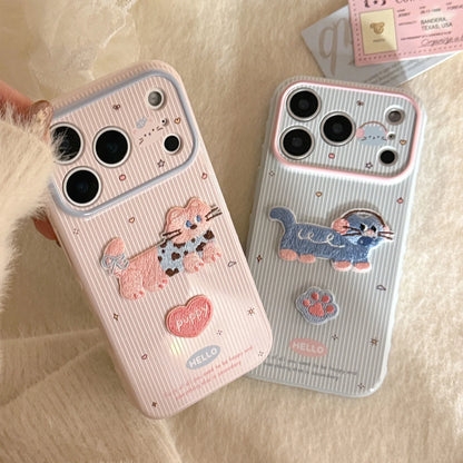 Korean Cartoon Embroidery Kitten Striped Couple Phone Case For iPhone