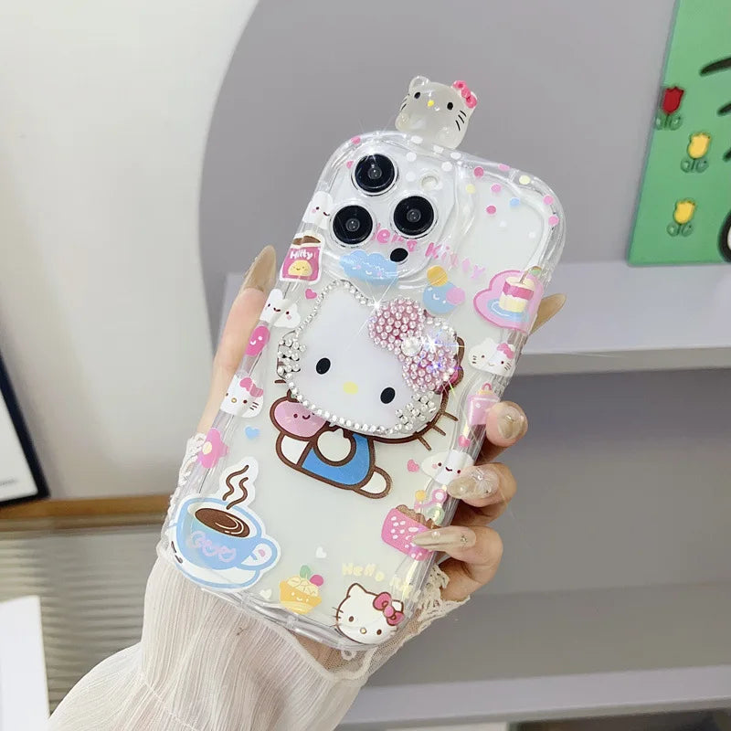 Cute 3D Cartoon Hello Kitty Diamond Bracket Wave Phone Case For iPhone