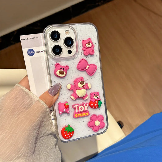 3D Cartoon Strawberry Bear Drop Glue Glitter Phone Case For iPhone
