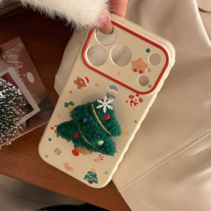 Korean 3D Cartoon Christmas Tree Plush With Chain Phone Case For iPhone
