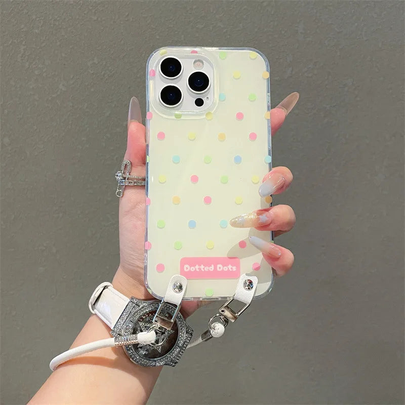Fashion Colorful Polka Dot Phone Case With Wrist Strap For iPhone