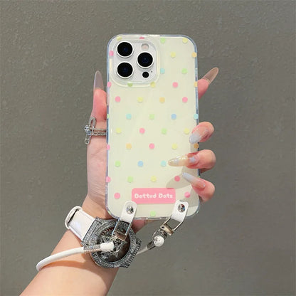Fashion Colorful Polka Dot Phone Case With Wrist Strap For iPhone