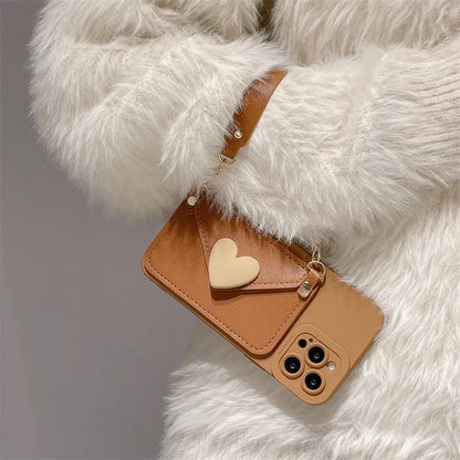 Heart Card Holder Crossbody Lanyard Leather Texture Phone Case For iPhone