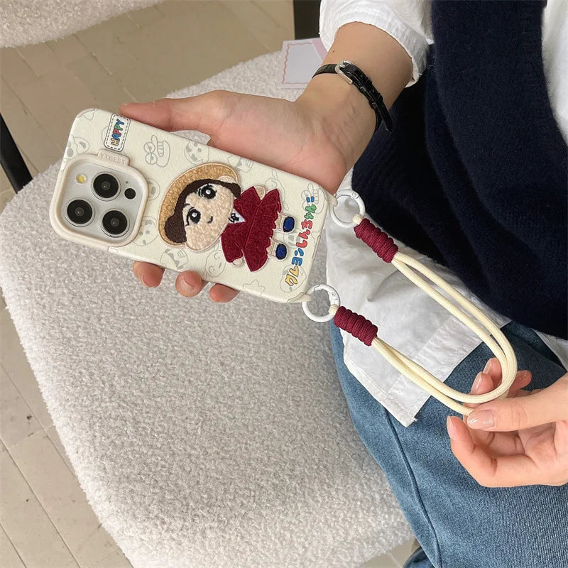 Cute Crayon Shin-chan Embroidered Leather Texture Phone Case For iPhone