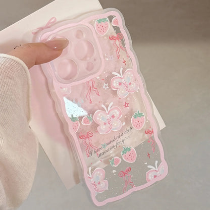 Korean Strawberry Butterfly Graffiti Wavy Phone Case For iPhone