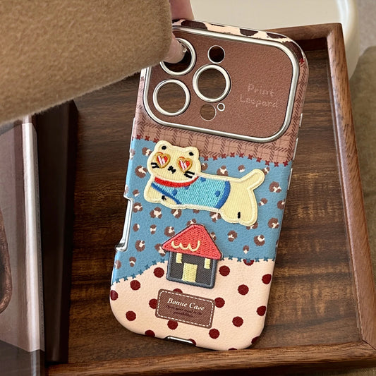 Korean Leopard Print 3D Cartoon Kitten House Leather Texture Phone Case For iPhone