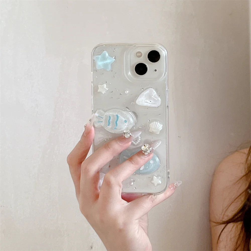 Glitter 3D Fish Crystal Silver Foil Epoxy Phone Case