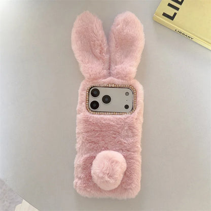 3D Cute Rabbit Ears Warm Furry Plush Bunny Phone Case For iPhone