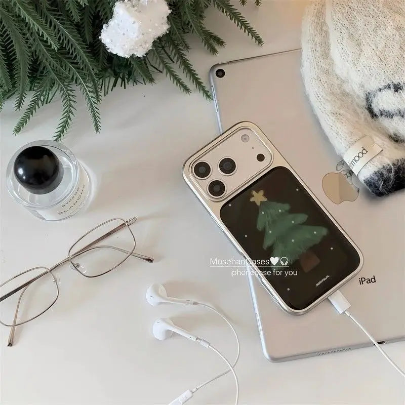 Korean Ins Christmas Tree Simple Silver Frame Phone Case For iPhone