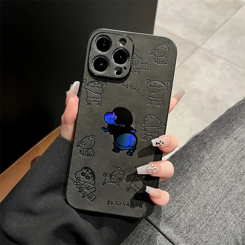 Cartoon Crayon Shin-chan Leather Texture Laser Phone Case For iPhone
