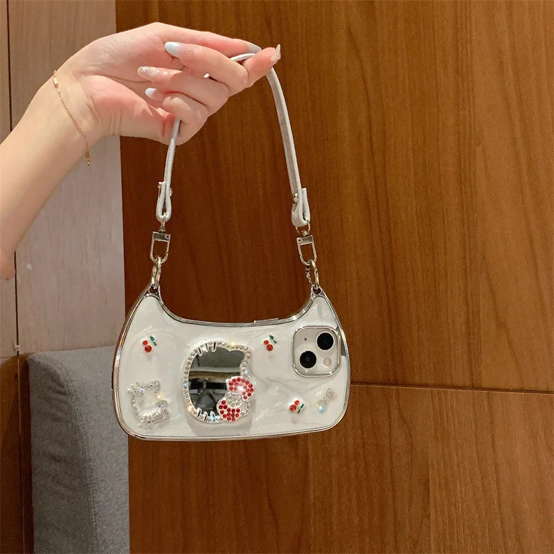 3D Diamond Cute Bow Hello Kitty Cherry Glitter Mirror Phone Case For iPhone