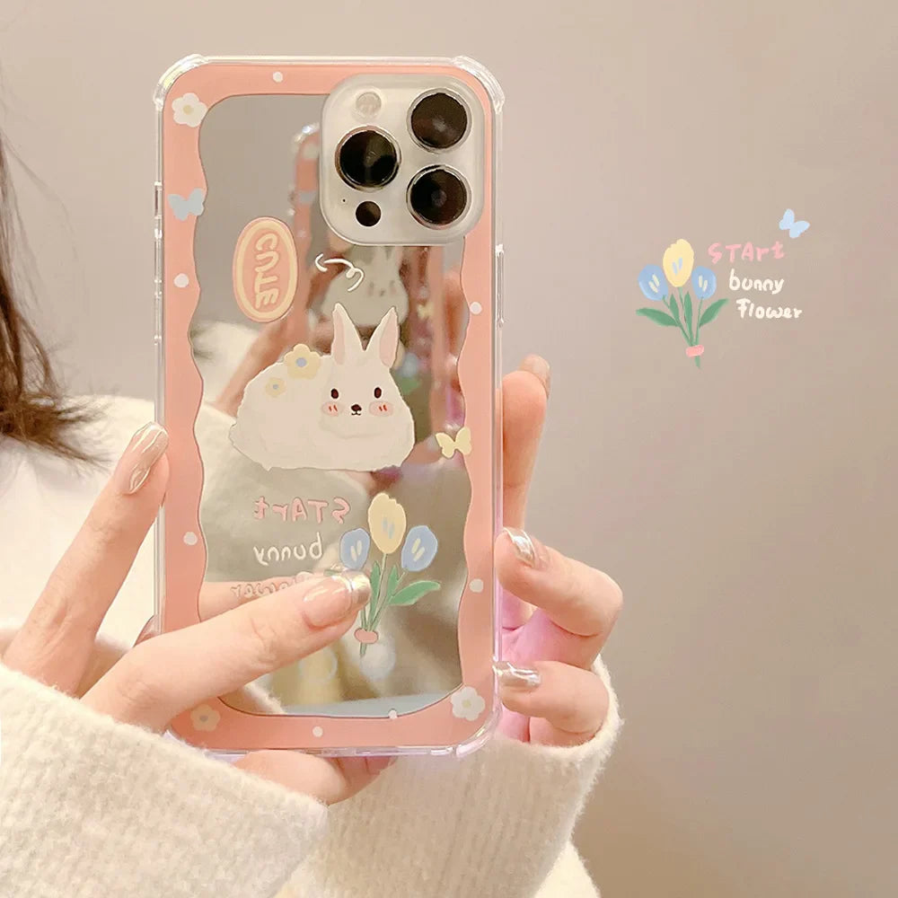 Cute Cartoon Rabbit Makeup Mirror Phone Case For iPhone