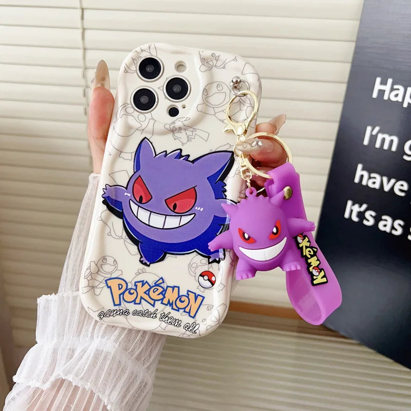 Cartoon Pikachu Gengar Wave Phone Case With Keychain For iPhone