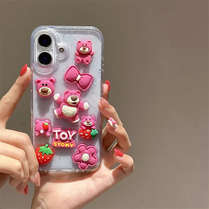 3D Cartoon Strawberry Bear Drop Glue Glitter Phone Case For iPhone