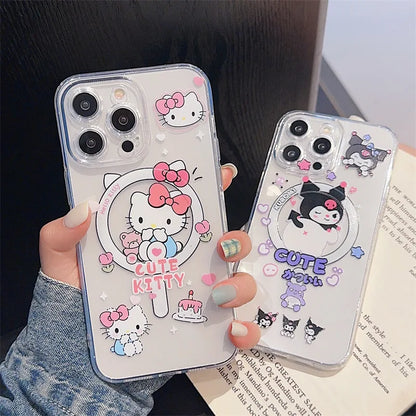 Korean Cartoon Hello Kitty Kuromi Bracket Magnetic Phone Case For iPhone