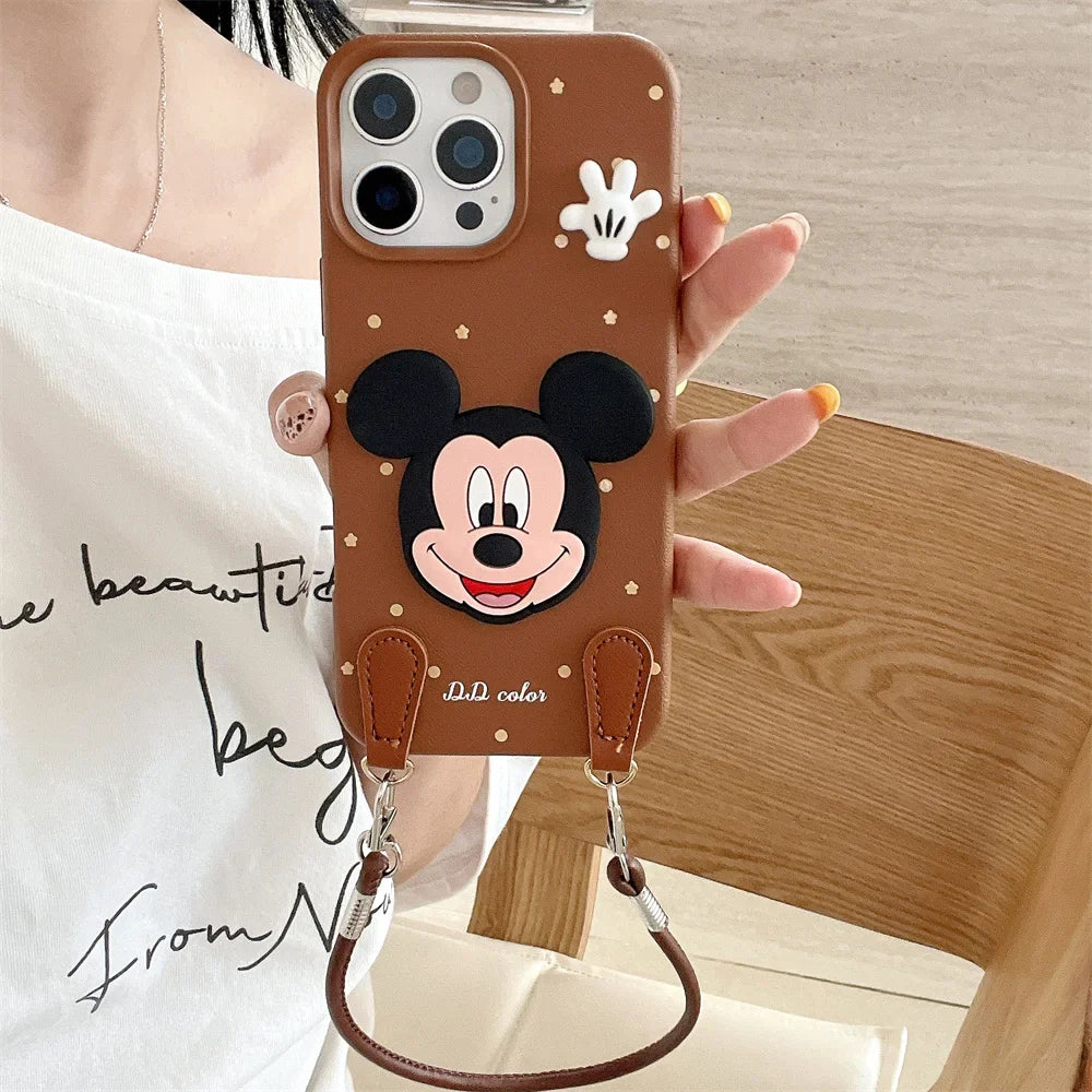 Luxury Wristband Lanyard Mickey Leather Phone Case For iPhone