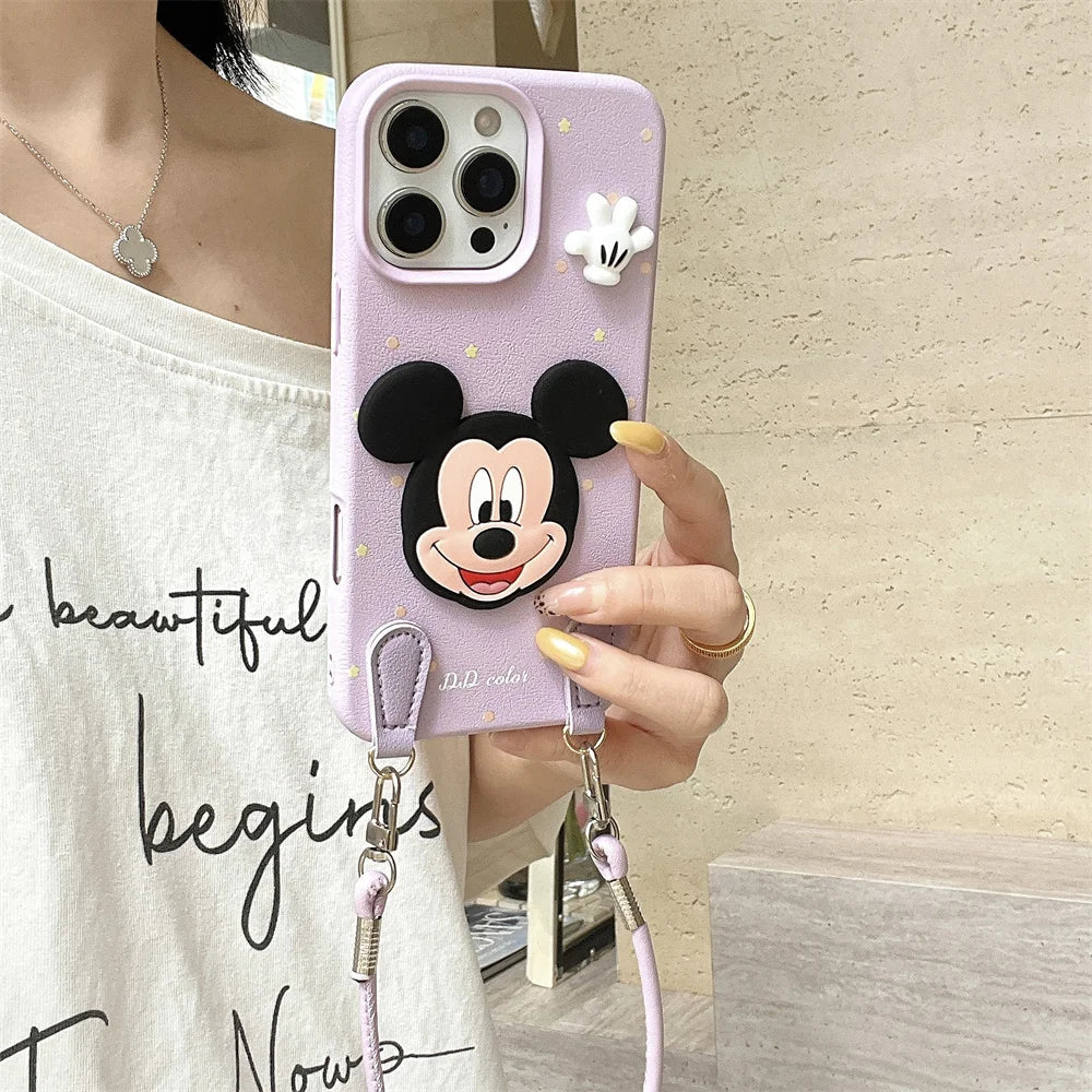 Luxury Wristband Lanyard Mickey Leather Phone Case For iPhone