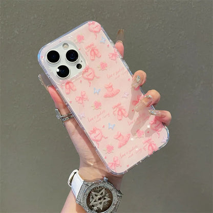 Korean Love Heart Ballet Style Pink Bowknot Rotate Bracket Phone Case For iPhone