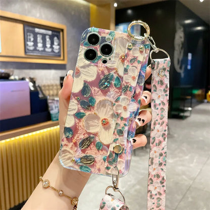 Fashion Oil Painting Flower Crossbody Lanyard Wrist Strap Phone Case For iPhone