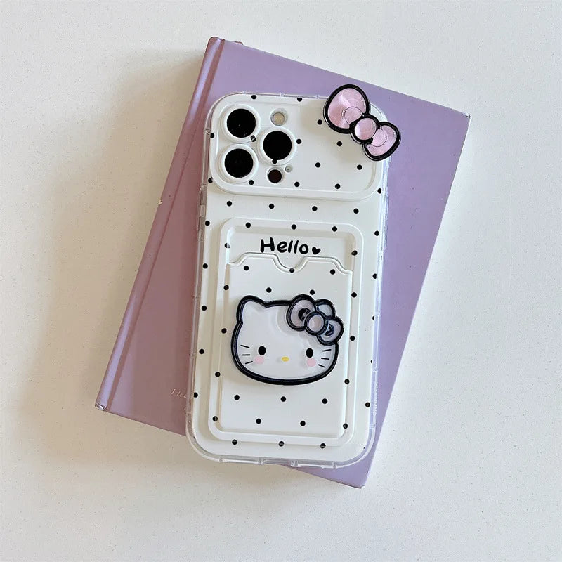 Korean Polka Dot Hello Kitty Bowknot Card Slot Bag Holder Phone Case For iPhone