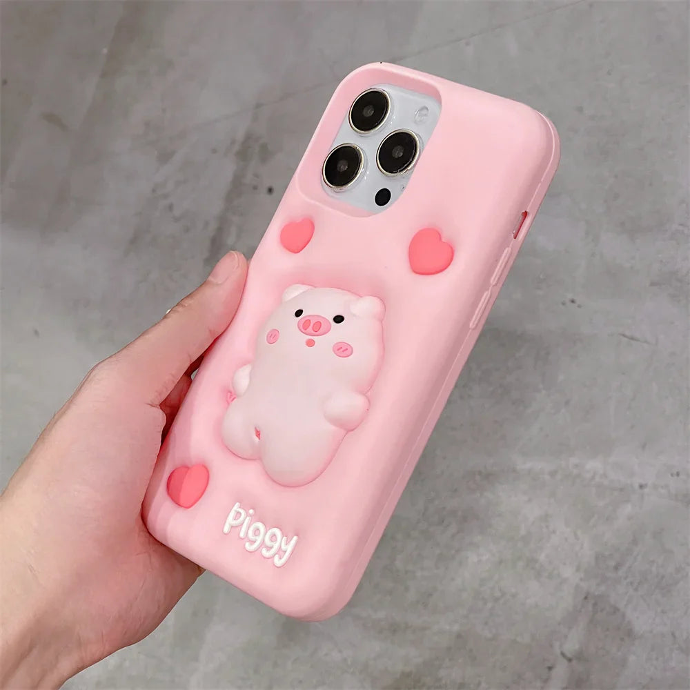 Cartoon Pink Pig 3D Purple Rabbit Silicone Soft Phone Case