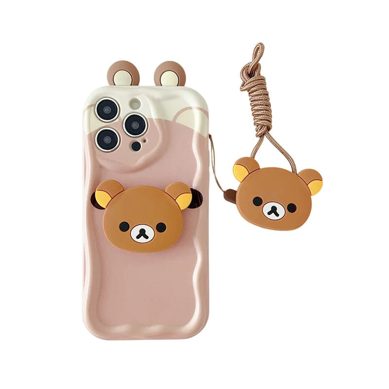 3D Ears Cartoon Bear Holder Rope Couple Phone Case For iPhone