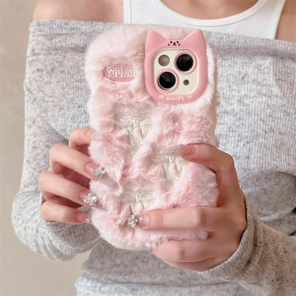 Soft Fluffy Plush bowknot Cat Ears 3D Pearl Phone Case