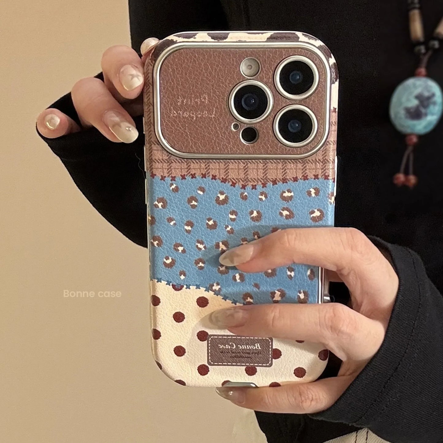 Korean Retro Leopard Print Splicing Leather Texture Phone Case For iPhone