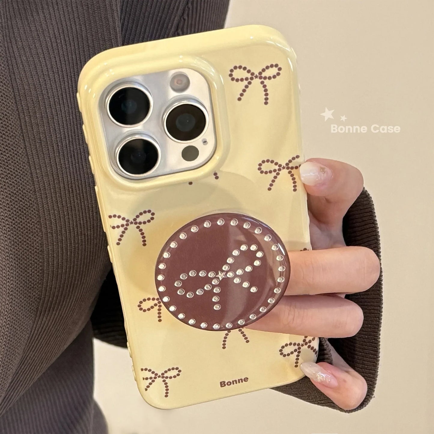 Korean Cartoon Full Screen Bowknot Bracket Soft Phone Case For iPhone