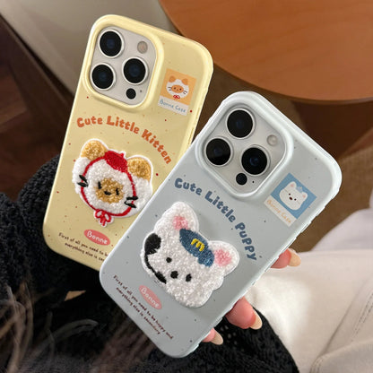 Cute Cartoon 3D Plush Embroidered Puppy Kitten Soft Phone Case For iPhone