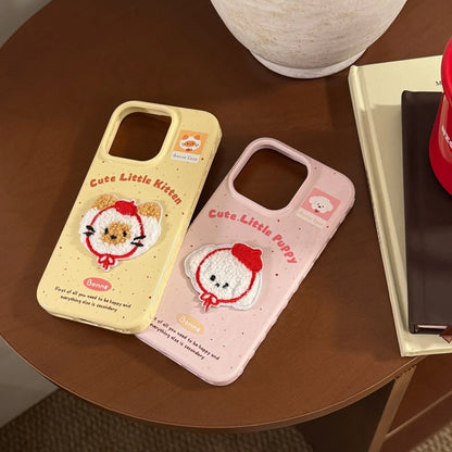 Cute Cartoon 3D Plush Embroidered Puppy Kitten Soft Phone Case For iPhone