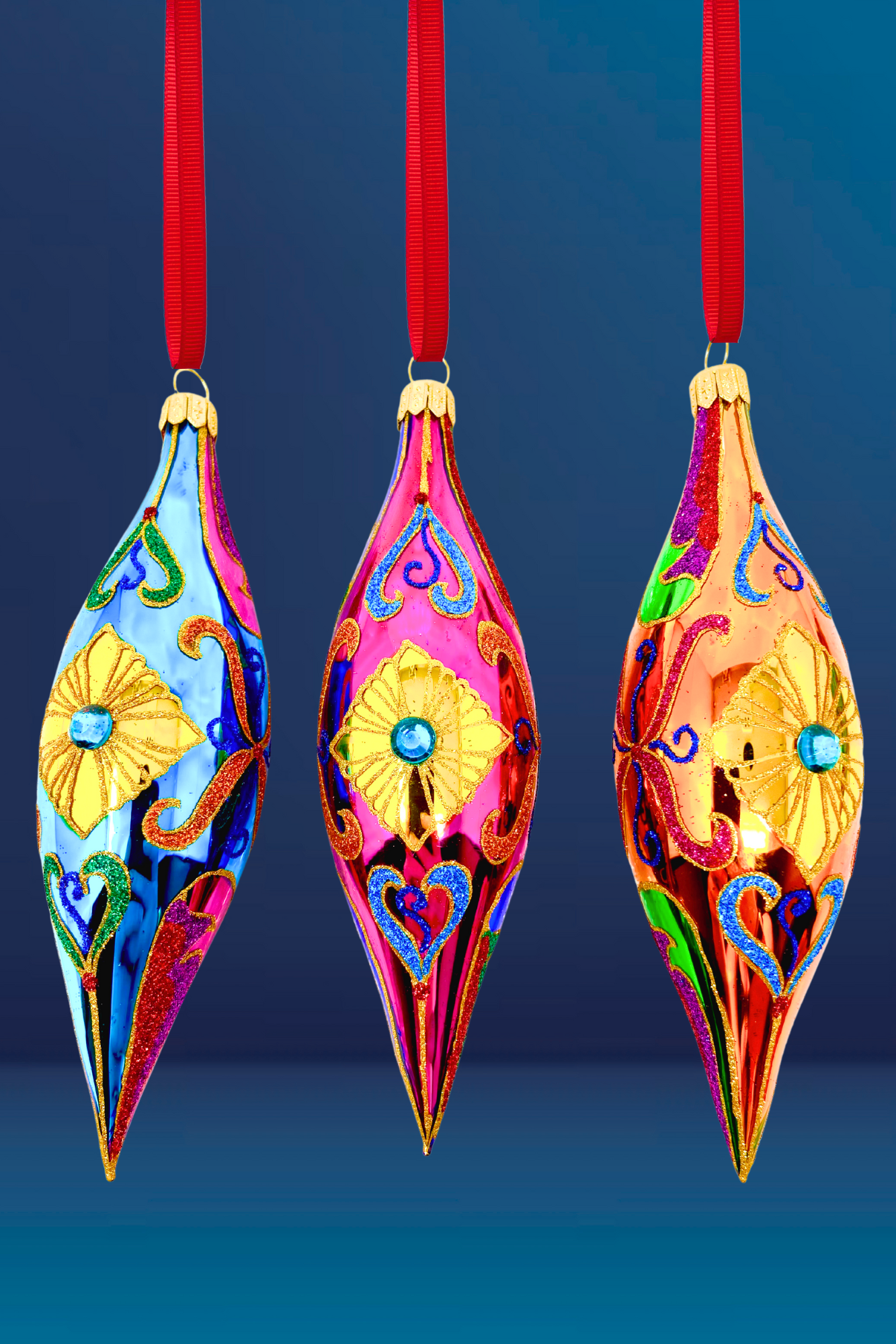 Sparkling Gem Batons Set/3 Glass Christmas Ornaments (Regal)