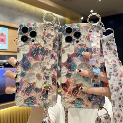 Fashion Oil Painting Flower Crossbody Lanyard Wrist Strap Phone Case For iPhone