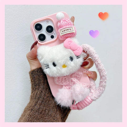 Pink Hello Kitty Fur Fluffy Cute Wrist Strap Phone Case